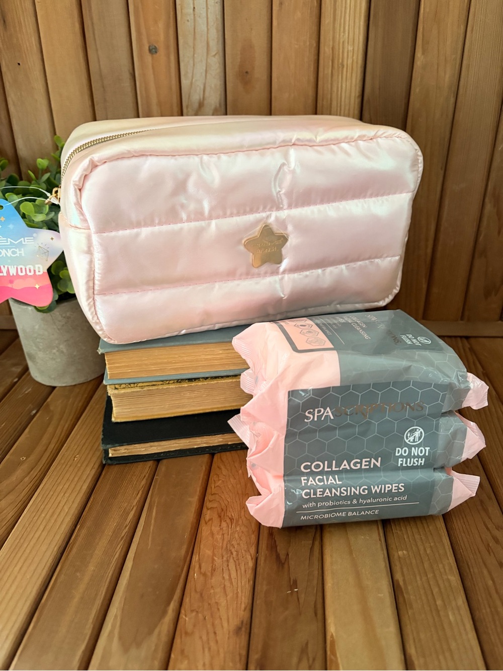 Crème Shop Pink Puffer Pouch + Collagen Facial Wipes Set, Spa Bundle